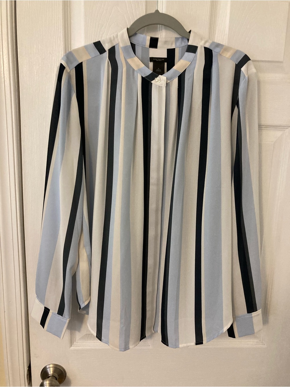 Striped Button-Front Blouse in Light Blue, White & Navy